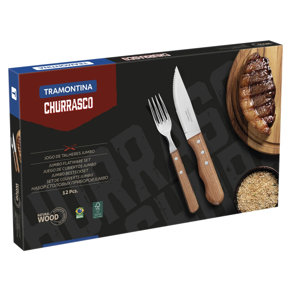 Jogo para Churrasco Tramontina Dynamic com Lâminas em Aço Inox e Cabos de Madeira Natural 12 Peças