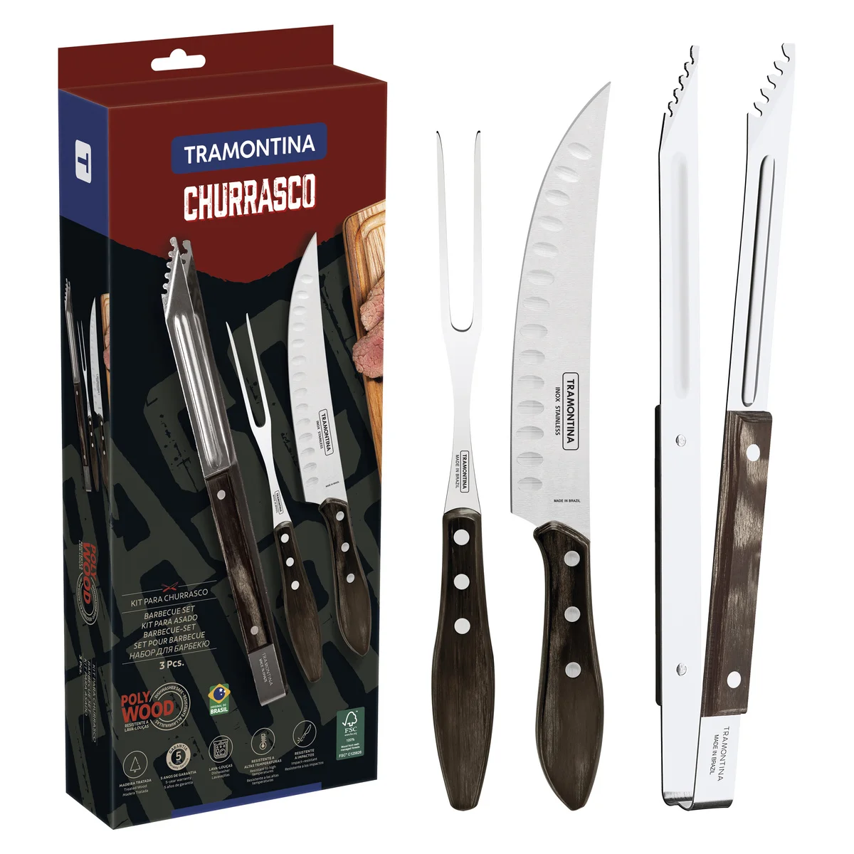 Jogo para Churrasco Tramontina com Lâminas em Aço Inox com Cabo de Madeira Tratada Polywood Castanho 3 Peças