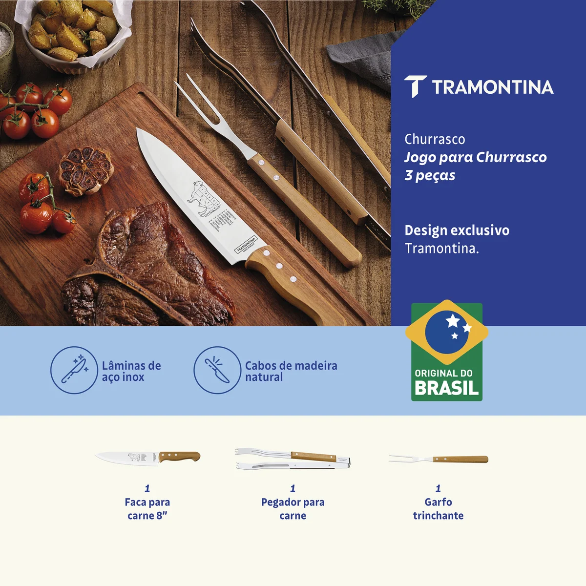 Jogo para Churrasco Tramontina com Lâminas em Aço Inox e Cabos de Madeira Natural 3 Peças