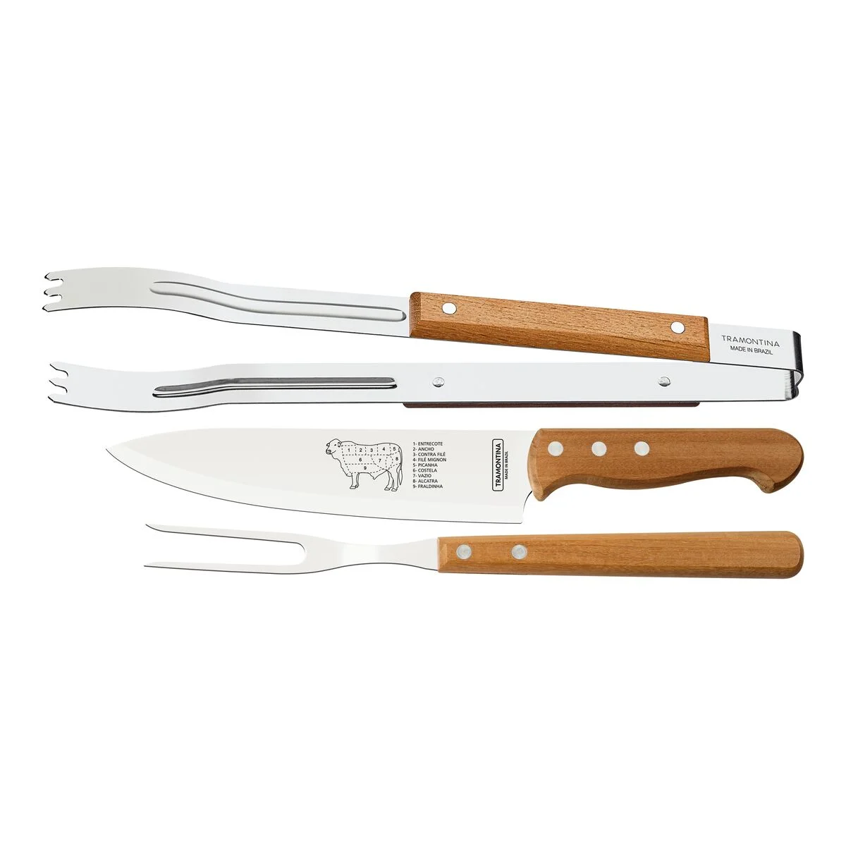 Jogo para Churrasco Tramontina com Lâminas em Aço Inox e Cabos de Madeira Natural 3 Peças
