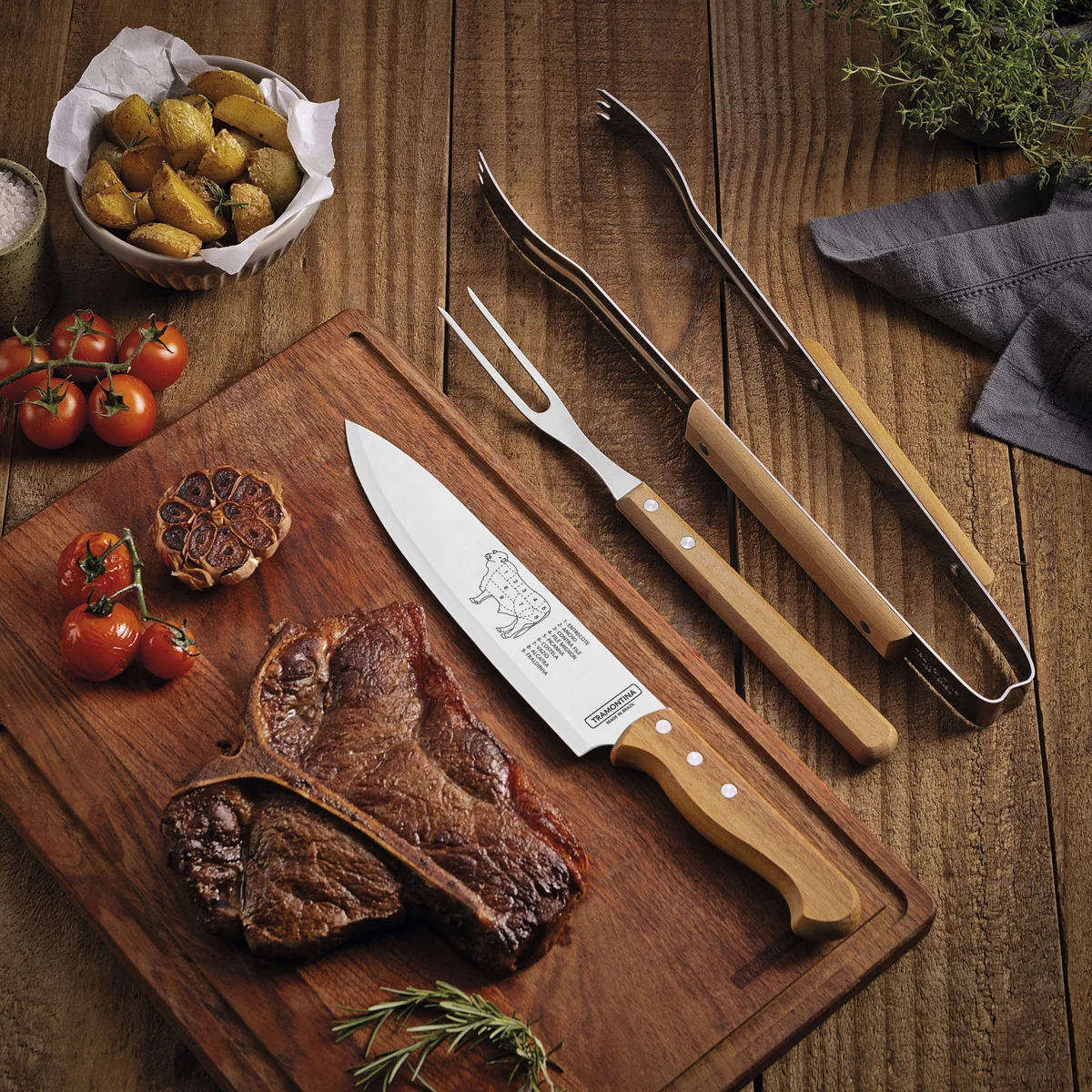 Jogo para Churrasco Tramontina com Lâminas em Aço Inox e Cabos de Madeira Natural 3 Peças