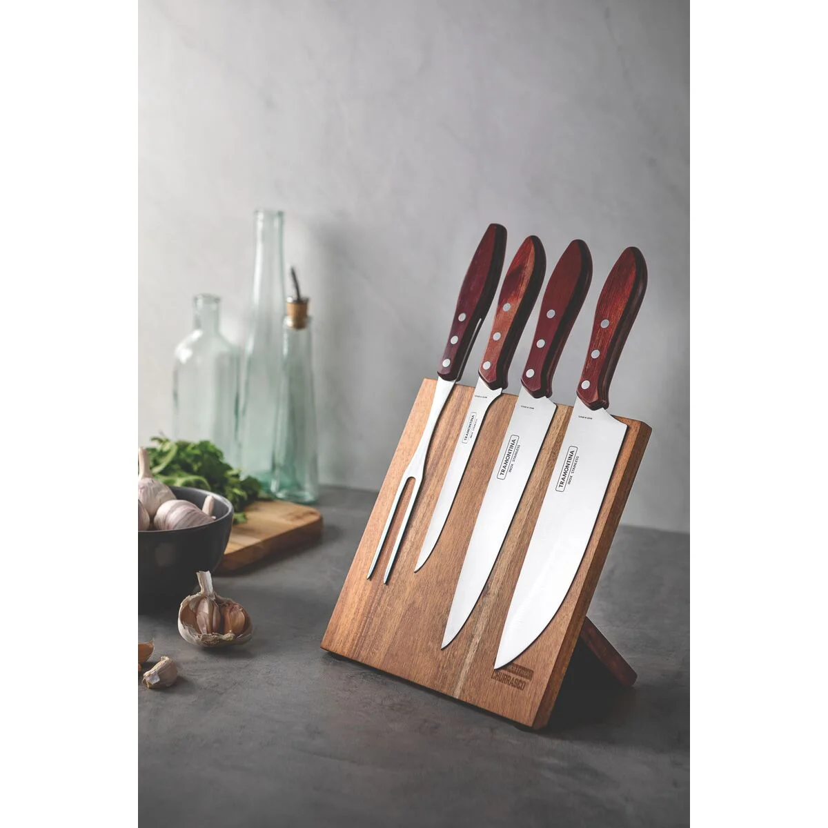Jogo para Churrasco Tramontina com Lâminas em Aço Inox e Cabos em Madeira Polywood Vermelho 5 Peças