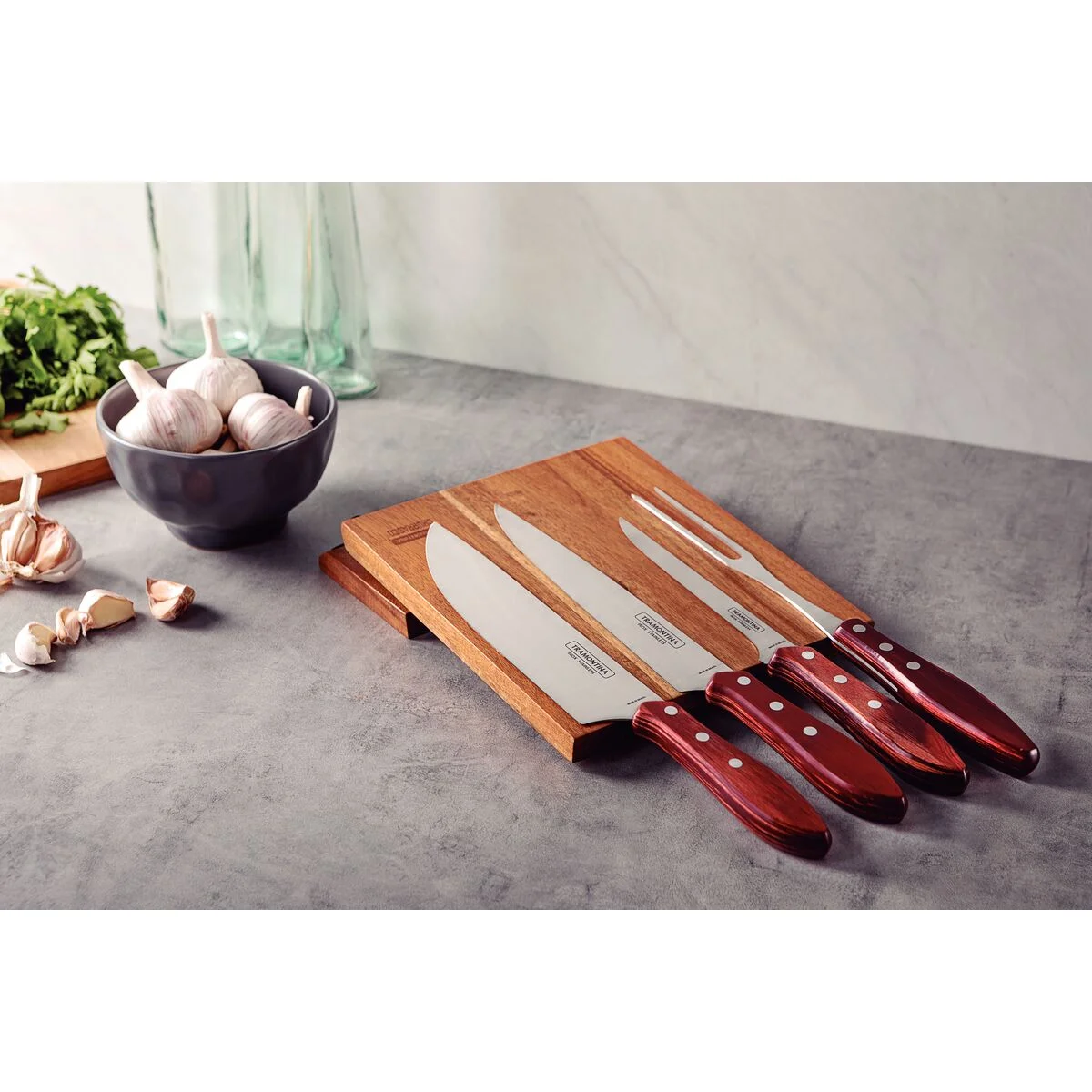 Jogo para Churrasco Tramontina com Lâminas em Aço Inox e Cabos em Madeira Polywood Vermelho 5 Peças