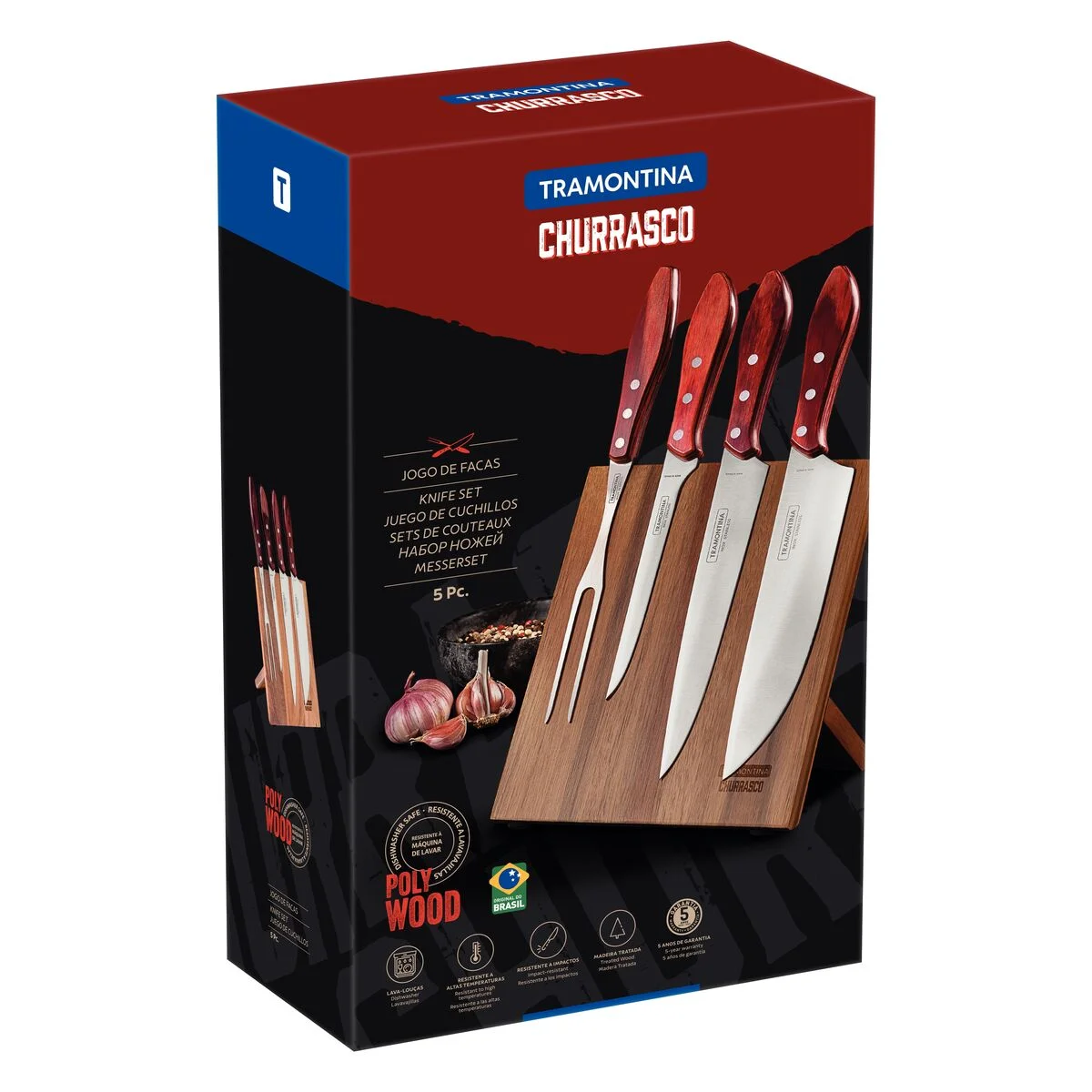 Jogo para Churrasco Tramontina com Lâminas em Aço Inox e Cabos em Madeira Polywood Vermelho 5 Peças