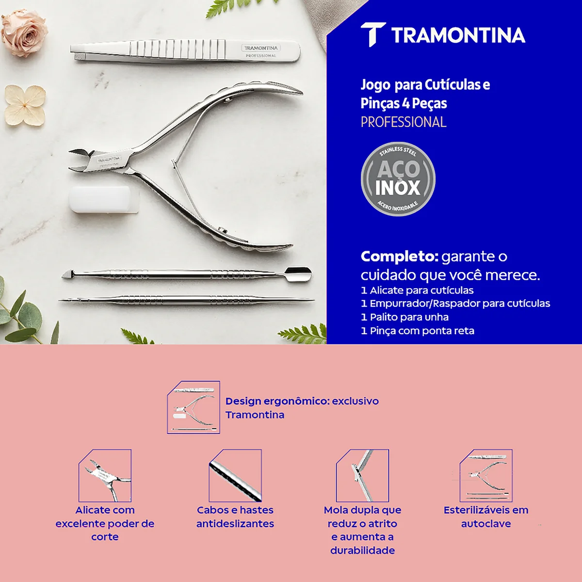 Jogo para Cutículas e Pinça Tramontina em Aço Inox 4 Peças