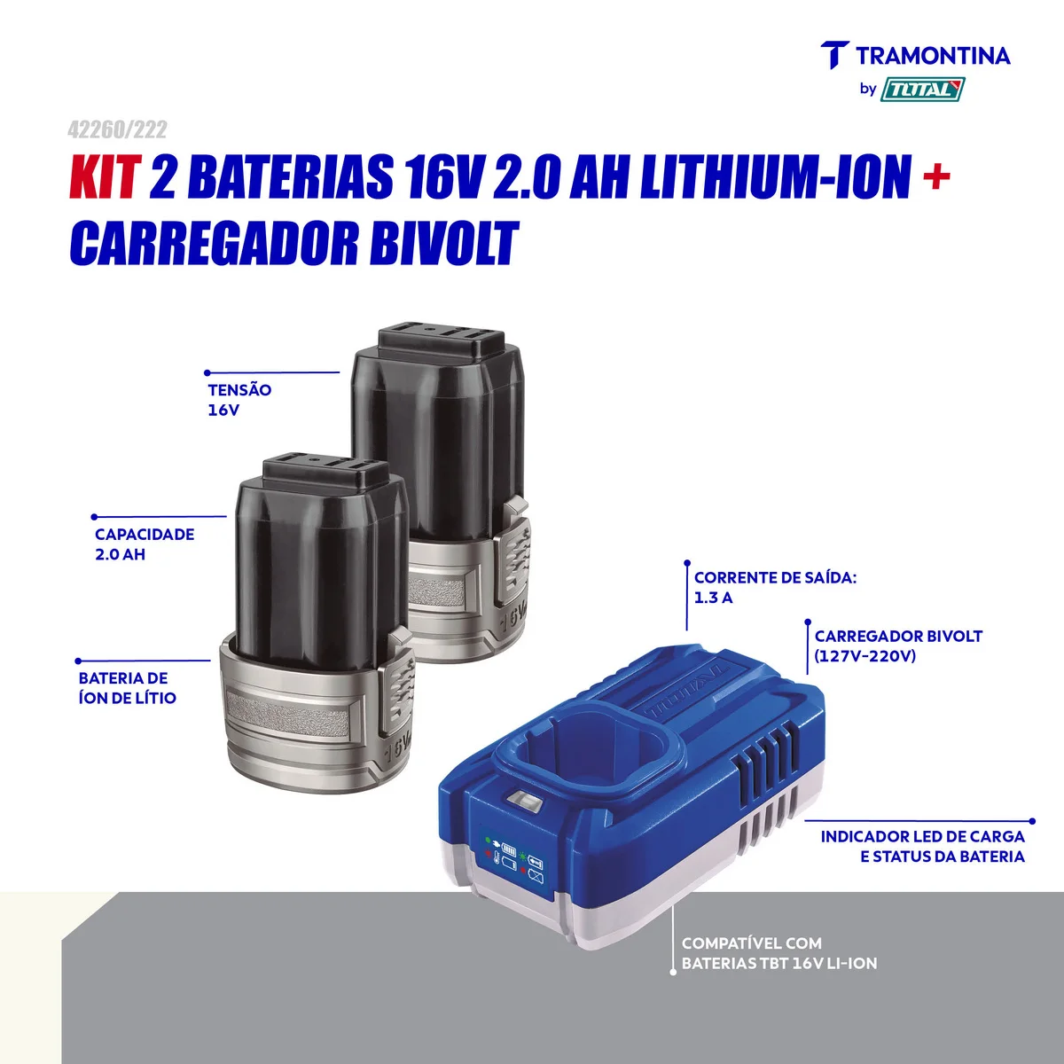 Kit 2 baterias 16V 2,0Ah 16 V + Carregador 1,3A Tramontina by Total