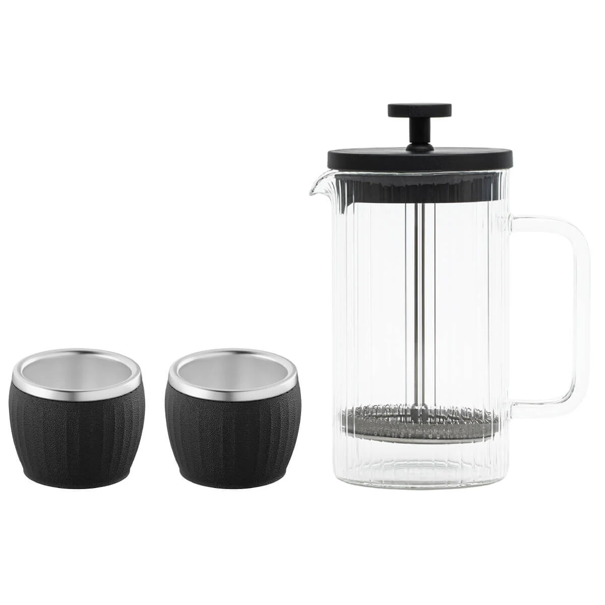 Kit Café Tramontina Cafeteira Francesa em Vidro Borossilicato 600ml e Xícaras em Aço Inox Preto 3 Peças