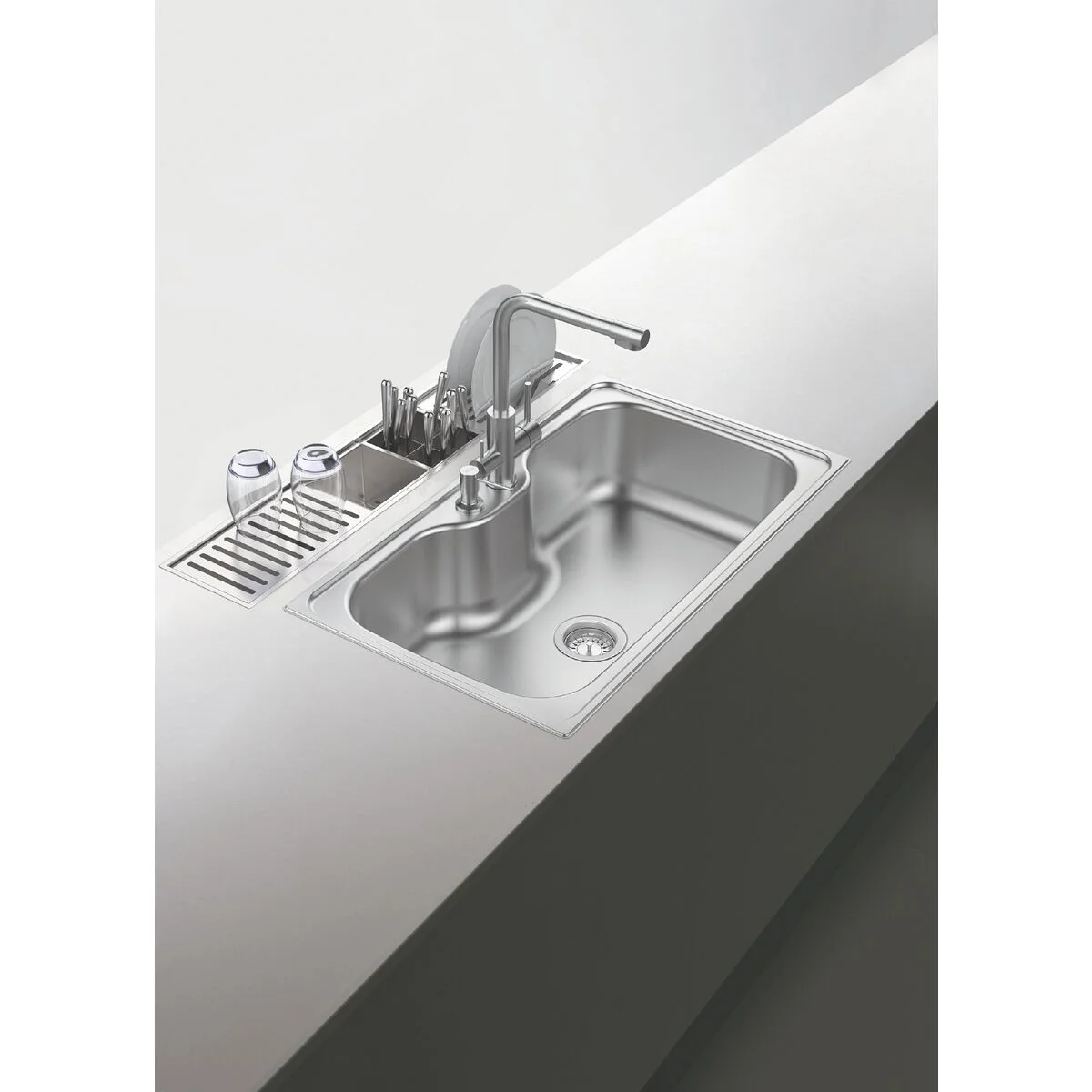 Kit Canal Organizador de Sobrepor Tramontina Inox Acetinado com Escorredor e Porta-talheres 90x18cm
