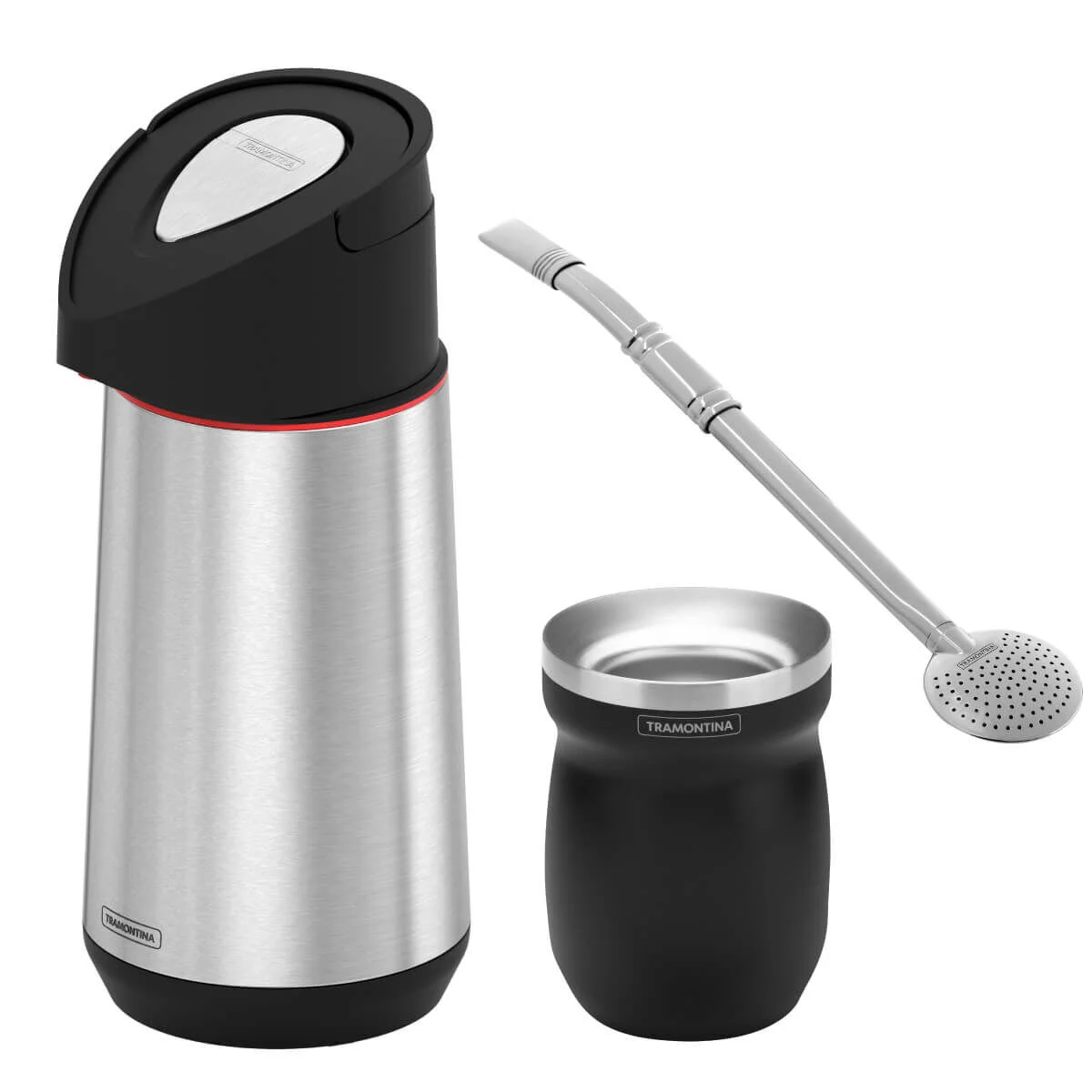 Kit Chimarrão Térmico Tramontina Exata Garrafa Inox 1.2L Cuia Preta e Bomba Ilex 3 Peças