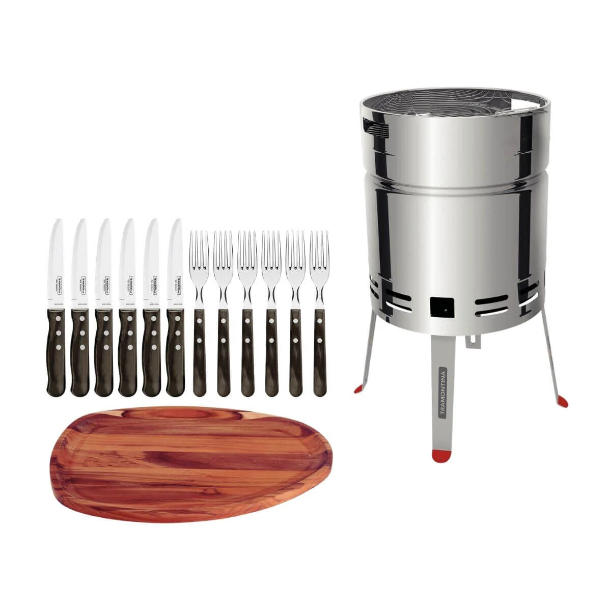 Kit Churrasco Tramontina Churrasqueira TCP 400 Bandeja Teca 44x33cm e Talheres 14 Peças