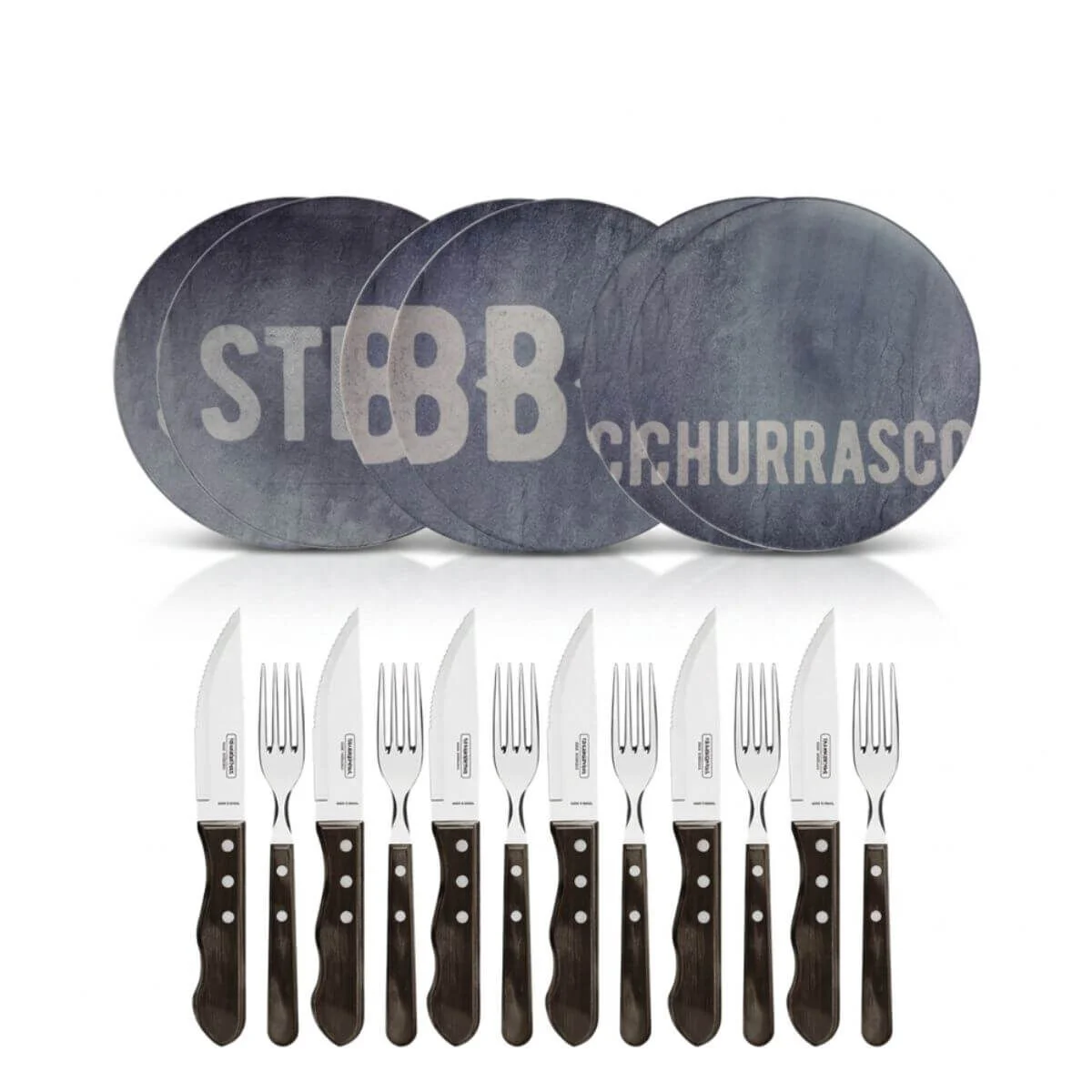 Kit Churrasco Tramontina Jogo de Pratos Porcelana Stone 28cm e Talheres Jumbo 18 Peças