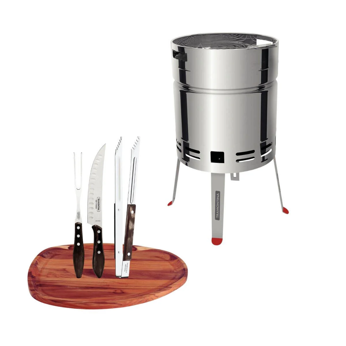 Kit Churrasco Tramontina TCP 400 Churrasqueira Carvão Bandeja Teca 44x33cm e Jogo Polywood 5 Peças
