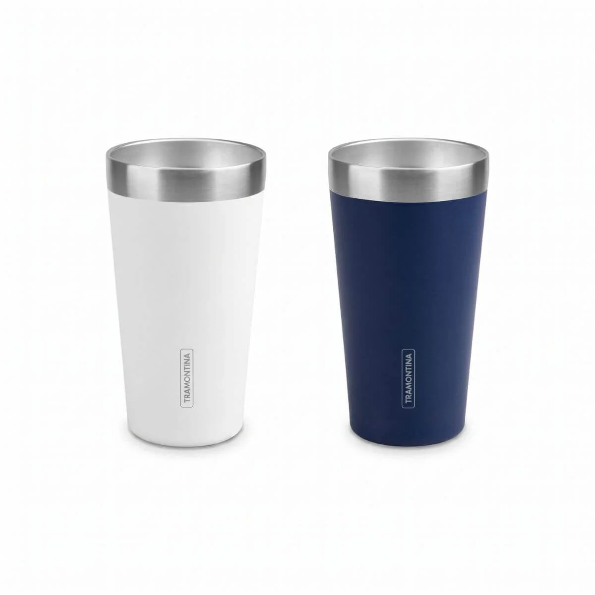 Kit Copos Térmicos Tramontina Exata em Aço Inox Azul e Branco sem Tampa 420ml 2 Peças