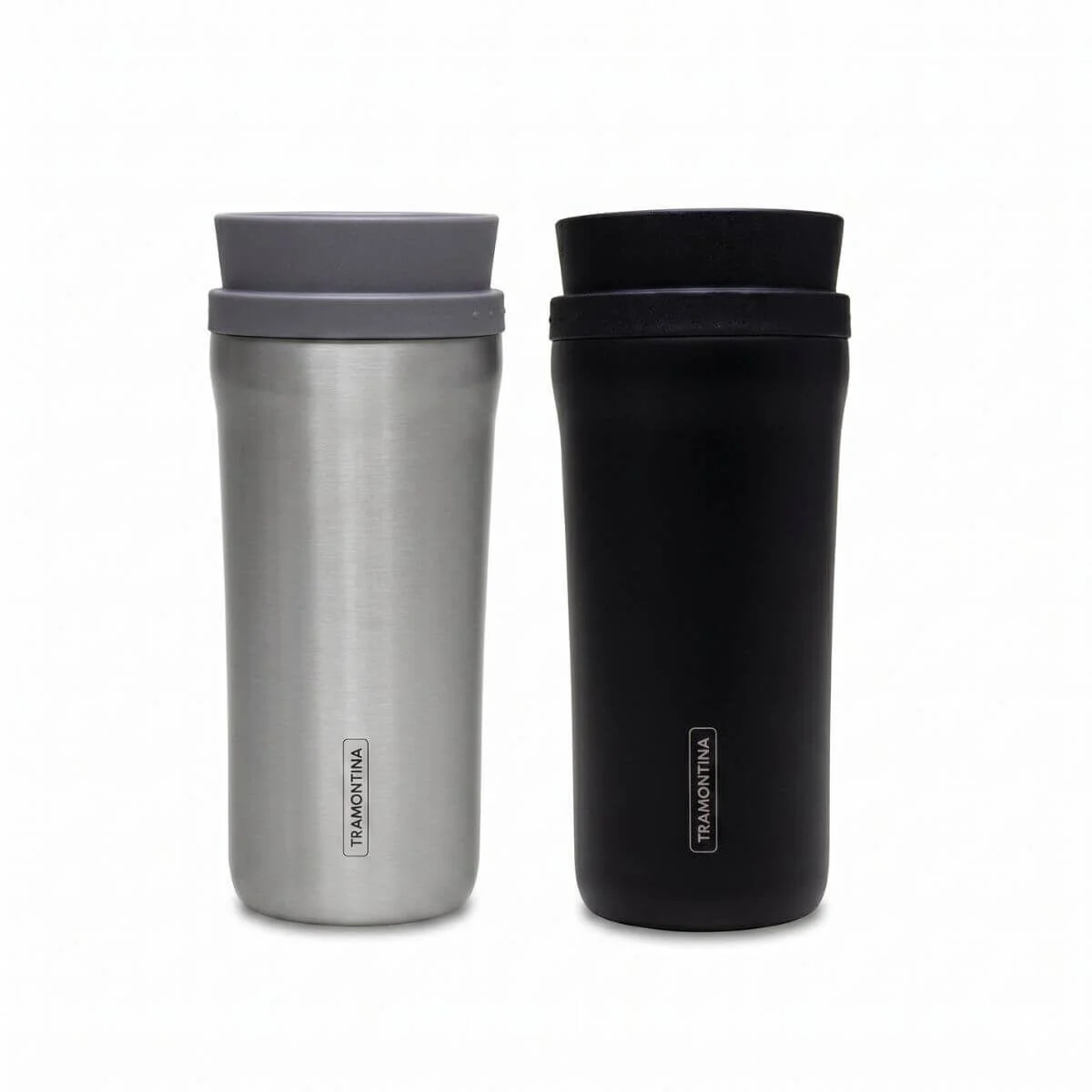 Kit Copos Térmicos Tramontina em Aço Inox e Preto com Tampa Bocal 360 Graus 460ml 2 Peças