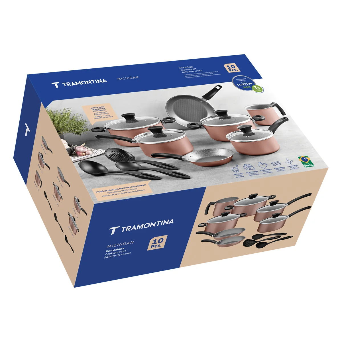 Kit Cozinha Tramontina Michigan em Alumínio com Revestimento Interno e Externo em Antiaderente Starflon Max Siena Natural 10 Peças