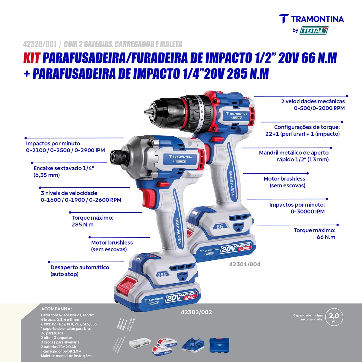 Kit Parafusadeira/Furadeira de Impacto 20V 66 N.m + Parafusadeira de Impacto 20V 285 N.m Tramontina by Total