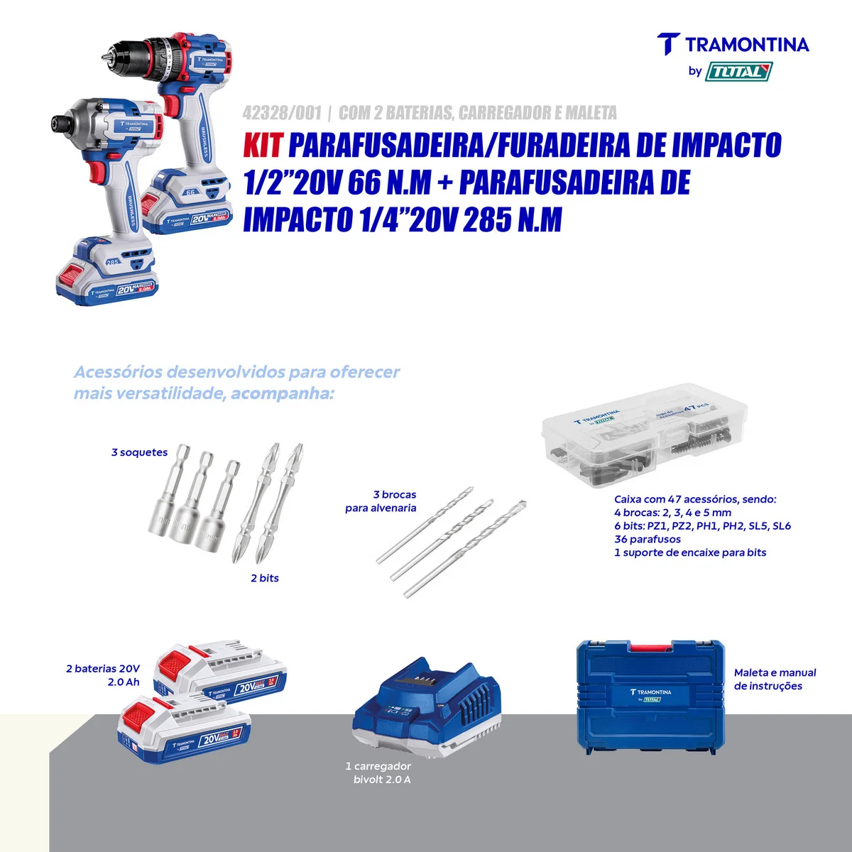 Kit Parafusadeira/Furadeira de Impacto 20V 66 N.m + Parafusadeira de Impacto 20V 285 N.m Tramontina by Total