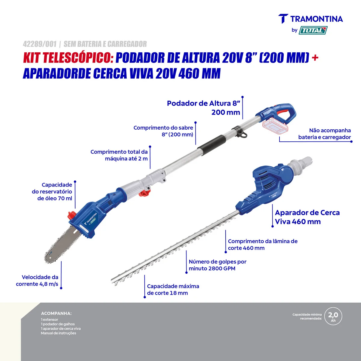 Kit Podador de Altura e Aparador de Cerca Viva Telescópico 20V Tramontina by Total - Sem Bateria e Carregador