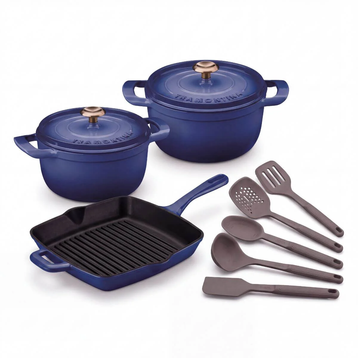 Kit Tramontina Ampezzo Ferro Fundido Esmaltado Azul Grátis Utensílios Silicone
