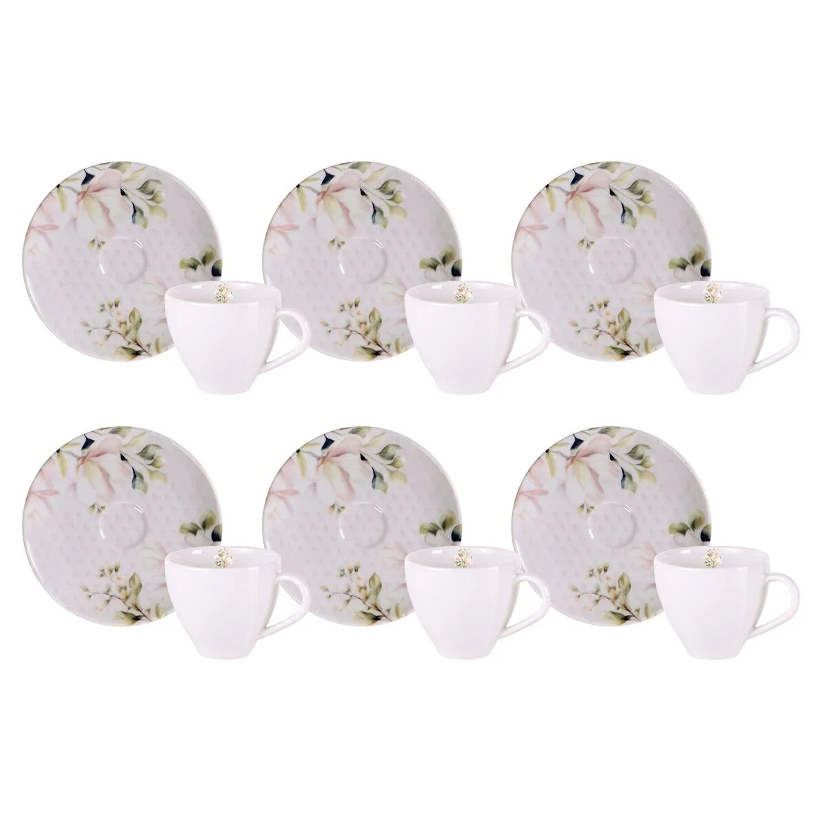 Kit Xícara e Pires de Café Tramontina Magnólia em Porcelana Decorada 100 ml 12 Peças