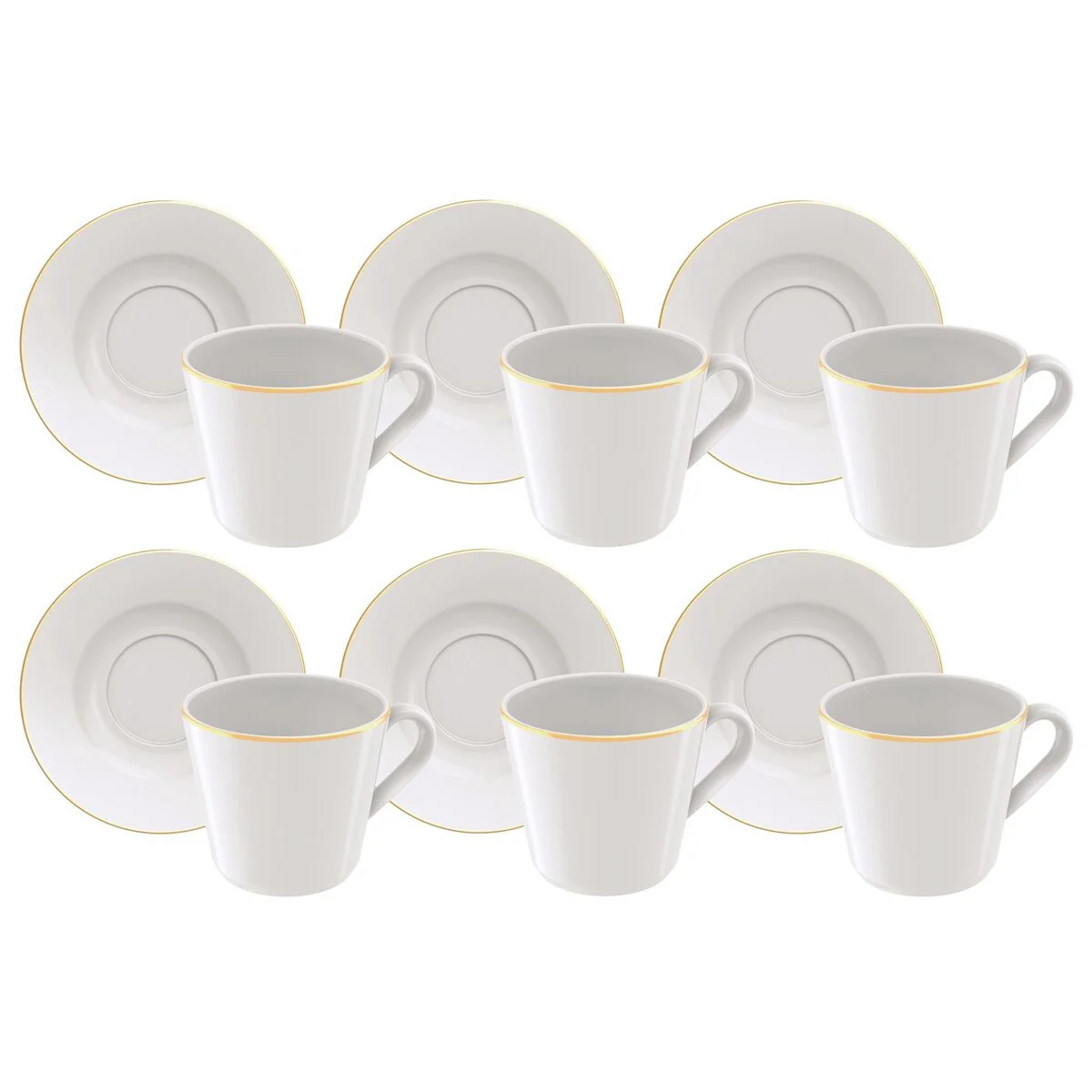 Kit Xícara e Pires de Chá Filetado Tramontina Elisa em Porcelana com Borda Dourada 185 ml 06 Peças