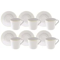 Kit Xícara e Pires de Chá Filetado Tramontina Elisa em Porcelana com Borda Dourada 185 ml 06 Peças