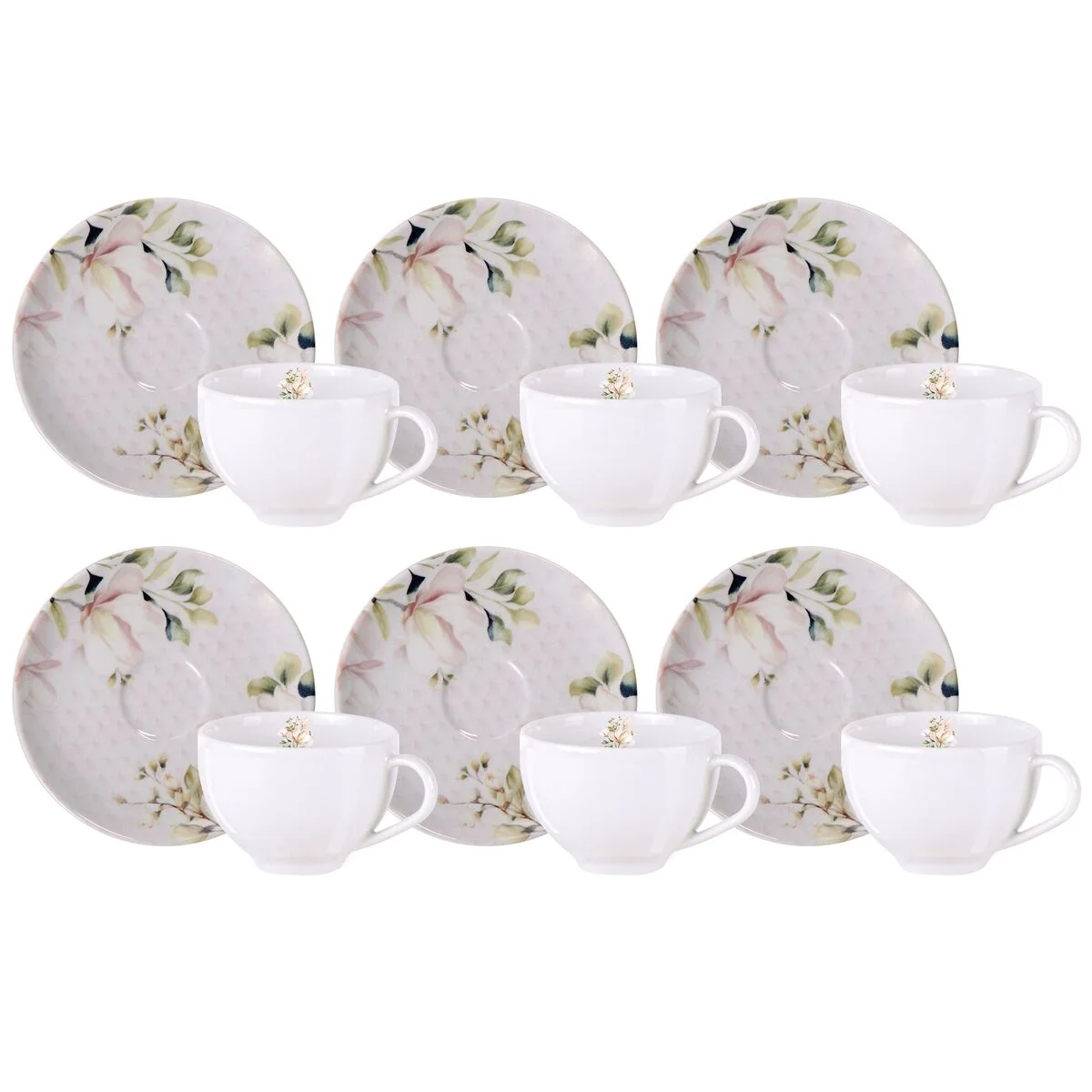 Kit Xícara e Pires de Chá Tramontina Magnólia em Porcelana Decorada 250 ml 12 Peças