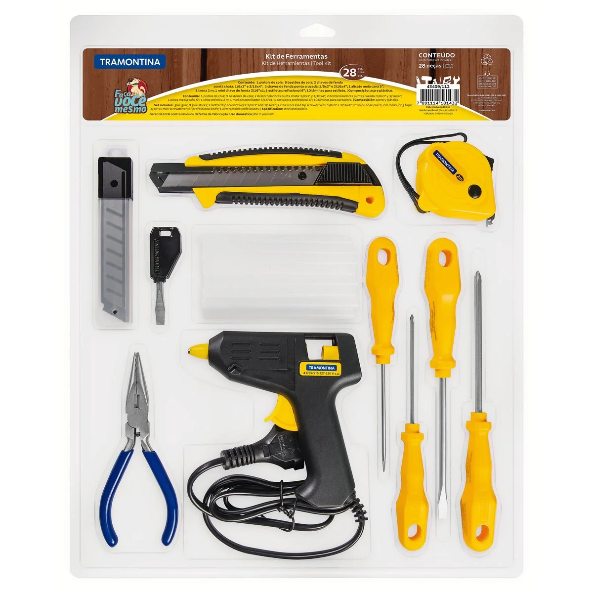 Kit de Ferramentas Tramontina com Pistola de Cola Quente Chaves de Fenda Trena Alicate Estilete Mini Chave de Fenda 28 peças