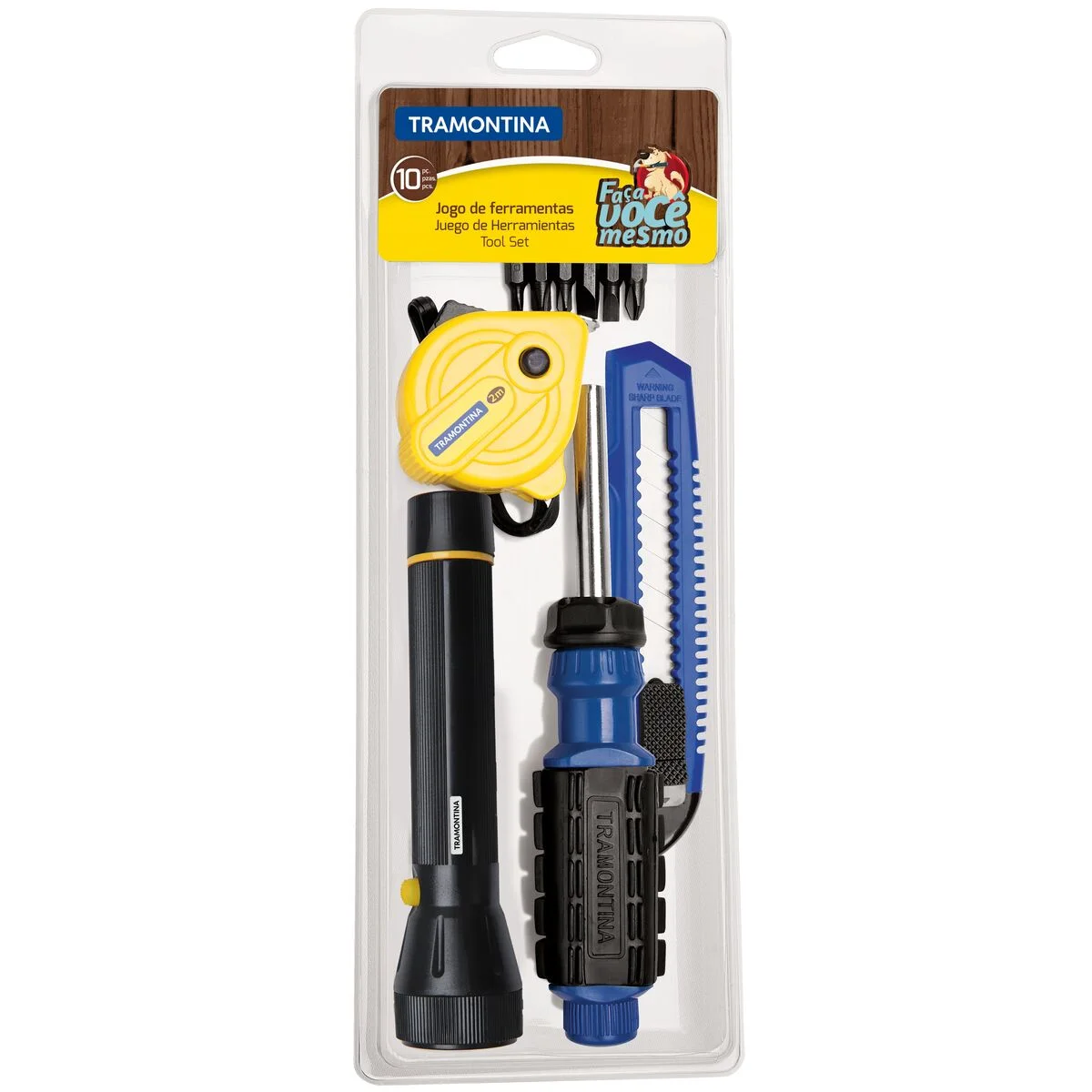 Kit de Ferramentas Tramontina com Trena Estilete Lanterna Ponteiras e Chave com Adaptador 10 Peças
