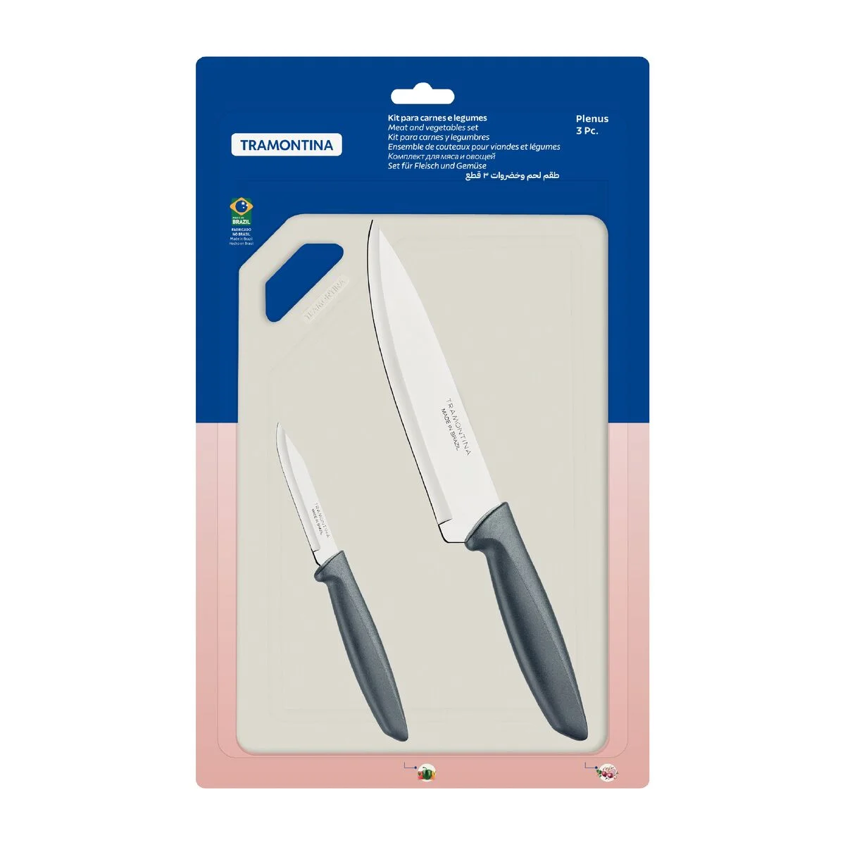 Kit para Carnes e Legumes Tramontina Plenus com Lâminas em Aço Inox Cabos de Polipropileno Cinza e Tábua para Cortar 3 Peças