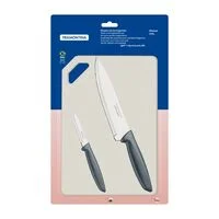 Kit para Carnes e Legumes Tramontina Plenus com Lâminas em Aço Inox Cabos de Polipropileno Cinza e Tábua para Cortar 3 Peças