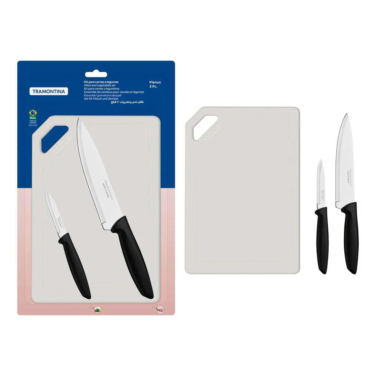Kit para Carnes e Legumes Tramontina Plenus com Lâminas em Aço Inox Cabos de Polipropileno Preto e Tábua para Cortar 3 Peças
