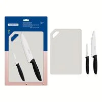 Kit para Carnes e Legumes Tramontina Plenus com Lâminas em Aço Inox Cabos de Polipropileno Preto e Tábua para Cortar 3 Peças
