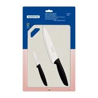 Kit para Carnes e Legumes Tramontina Plenus com Lâminas em Aço Inox Cabos de Polipropileno Preto e Tábua para Cortar 3 Peças