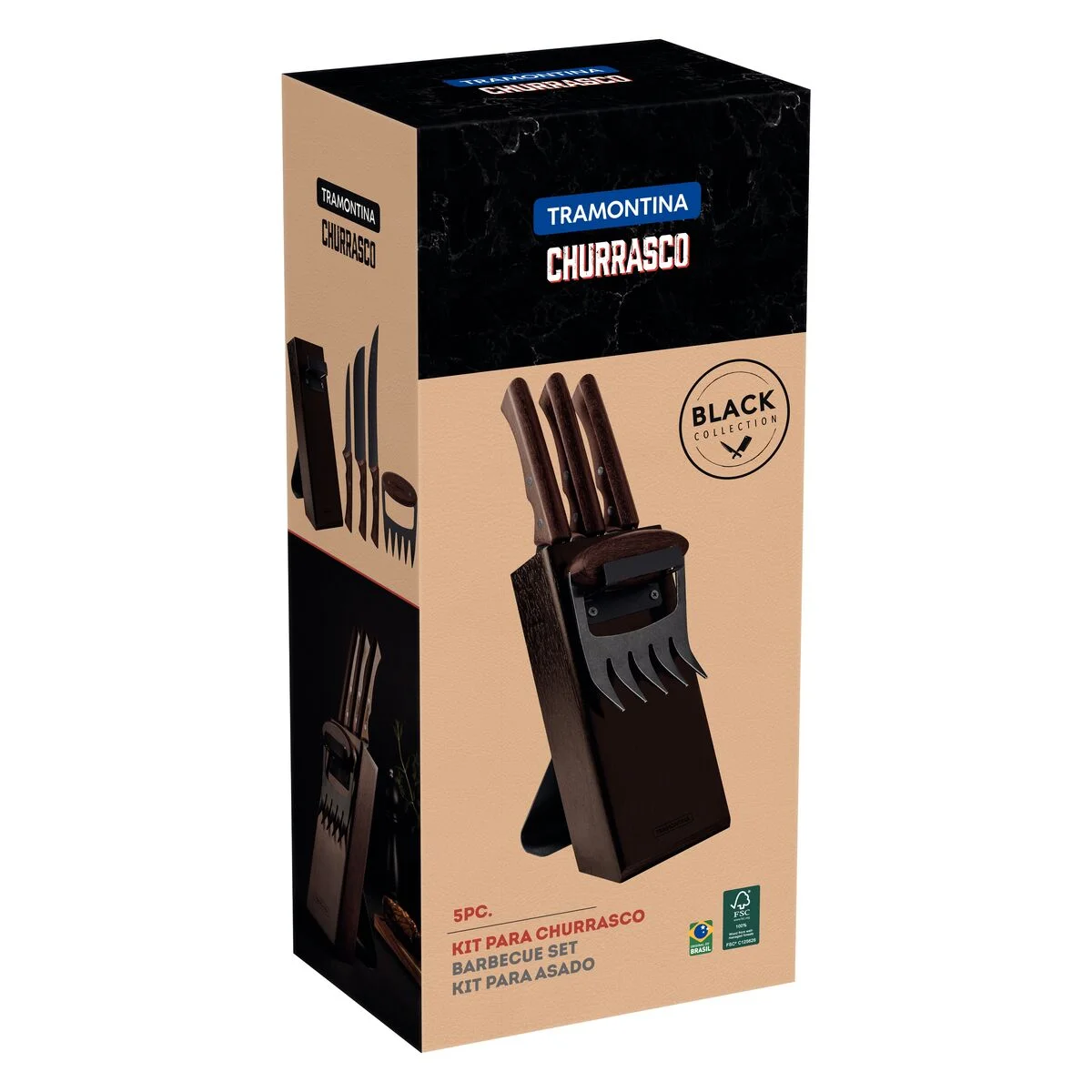 Kit para Churrasco Tramontina Churrasco Black com Lâminas de Aço Inox Escurecido e Cabos de Madeira 05 Peças
