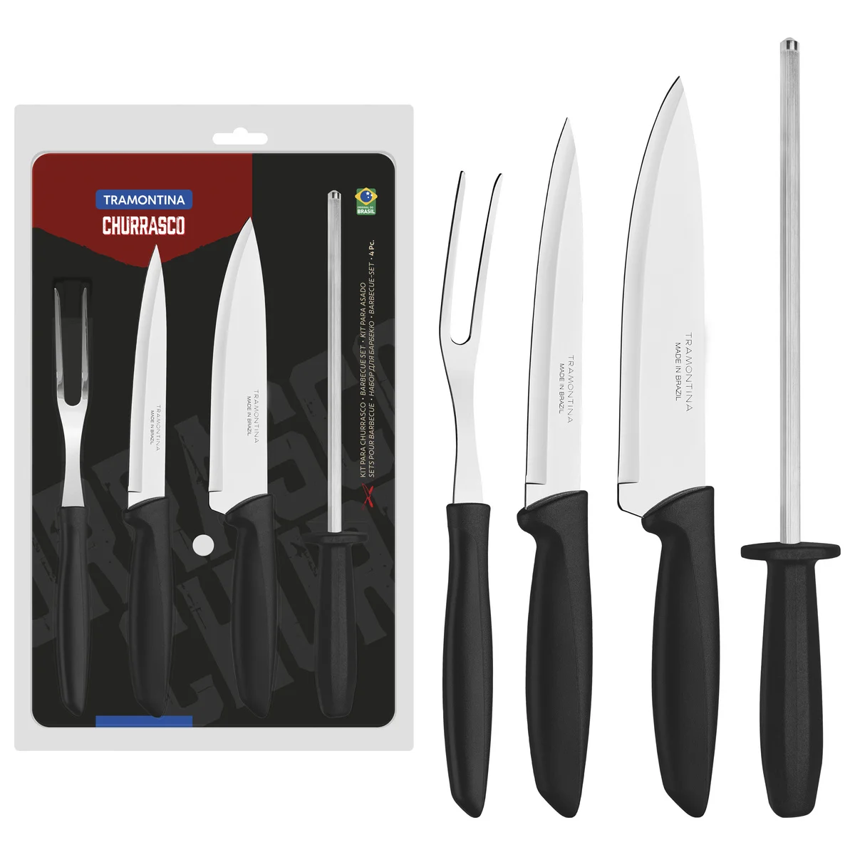 Kit para Churrasco Tramontina Plenus com Lâminas em Aço Inox e Cabos de Polipropileno Preto 4 Peças