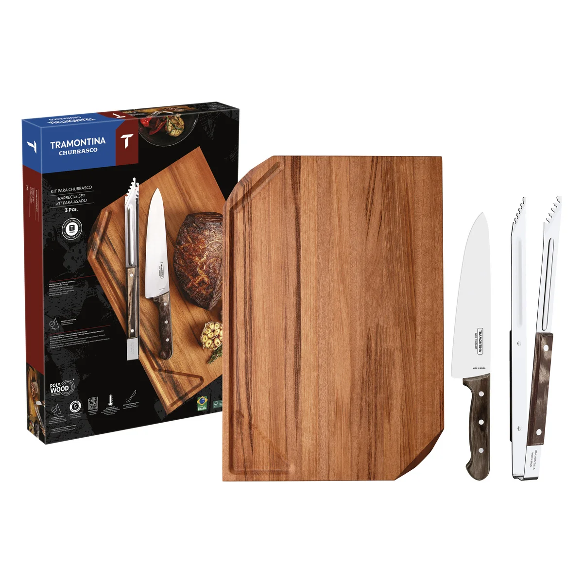 Kit para Churrasco Tramontina com Lâmina em Aço Inox Cabo de Madeira Polywood Castanho com Tábua de Madeira 3 Peças
