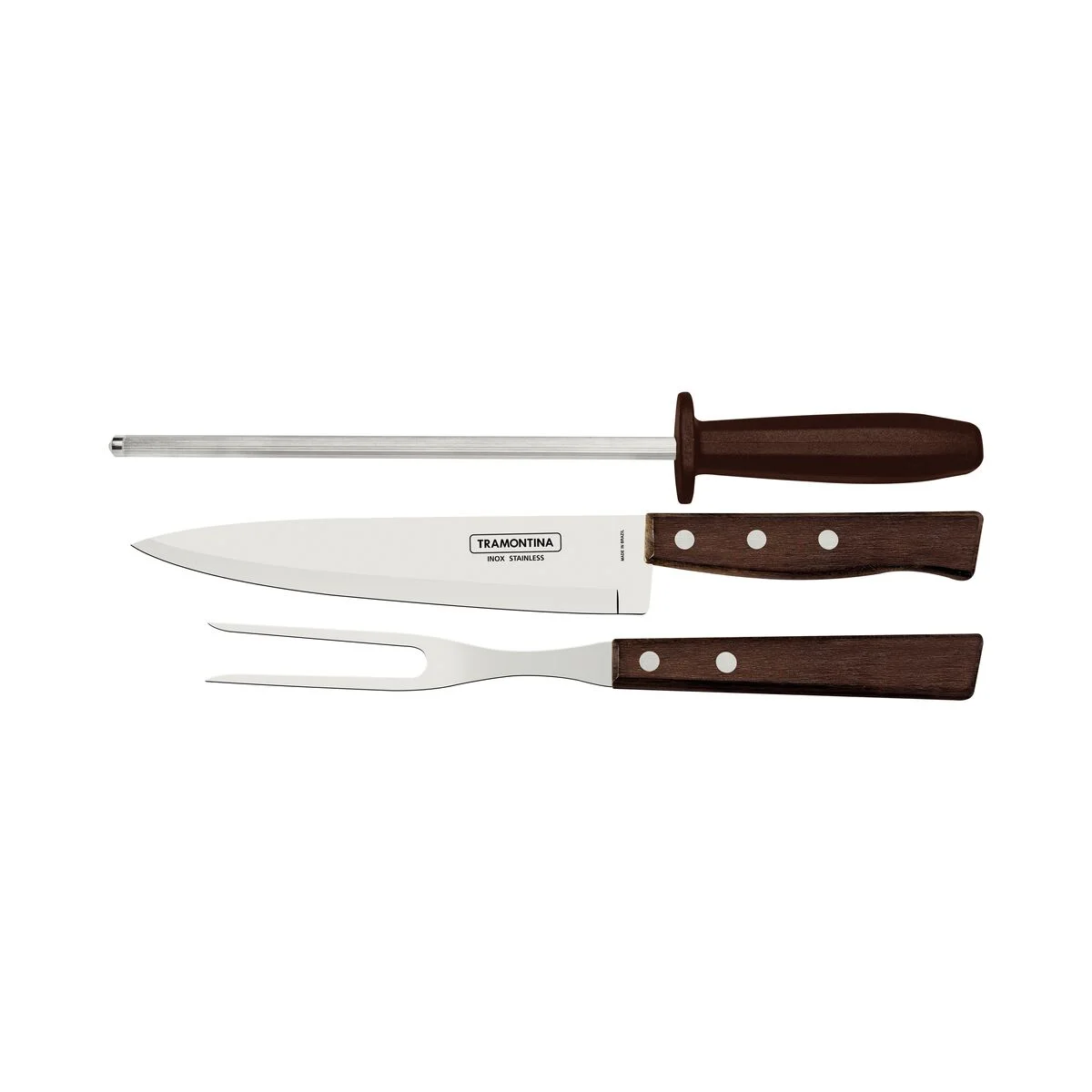 Kit para Churrasco Tramontina com Lâminas de Aço Inox e Cabos de Madeira Natural e Polipropileno 3 Peças