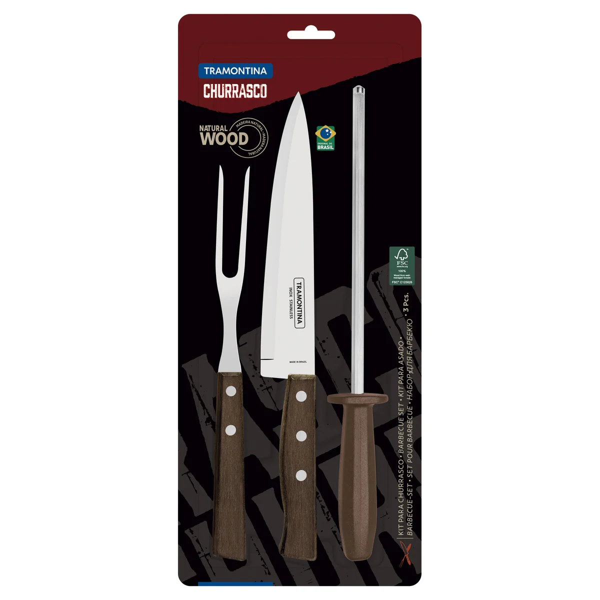 Kit para Churrasco Tramontina com Lâminas de Aço Inox e Cabos de Madeira Natural e Polipropileno 3 Peças