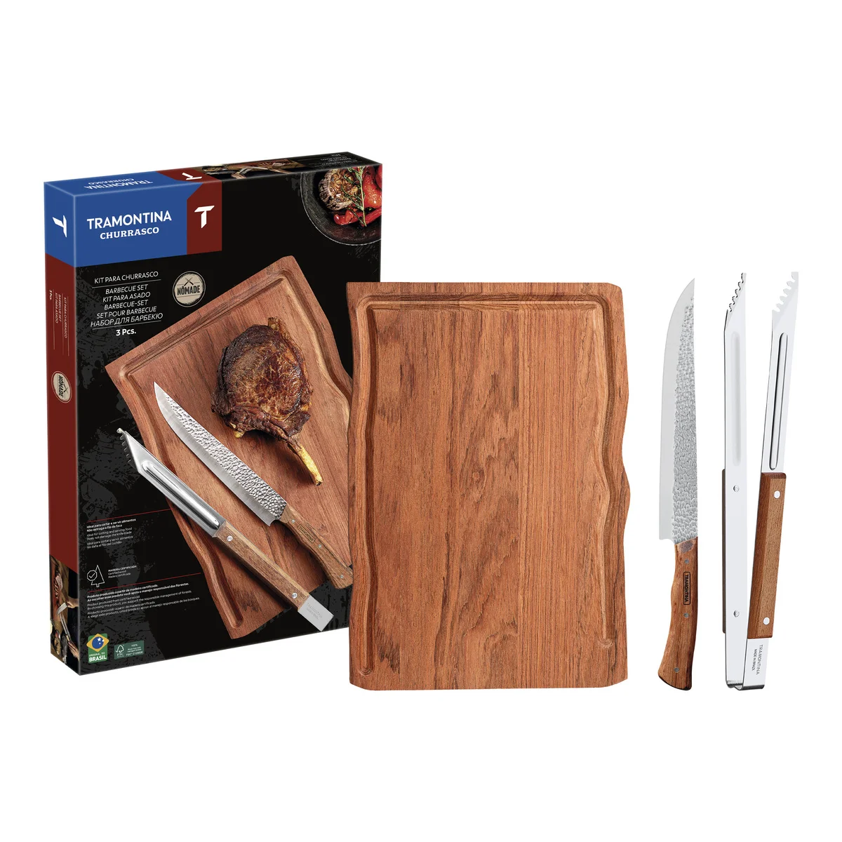 Kit para Churrasco Tramontina com Lâminas em Aço Inox e Cabo em Madeira Natural com Tábua de Madeira 3 Peças