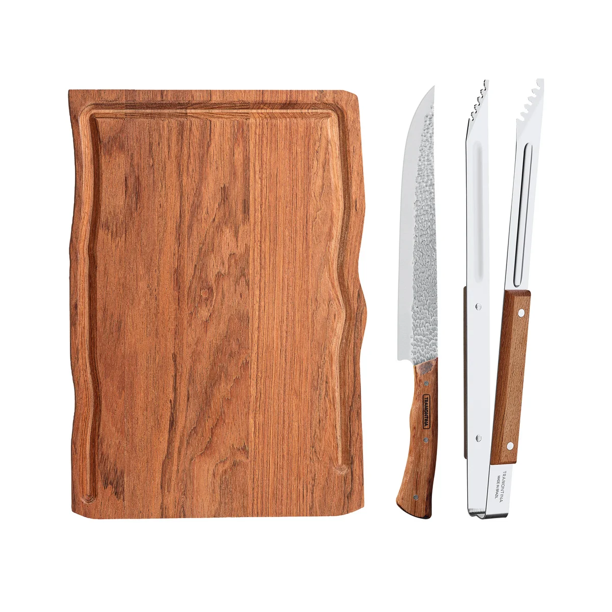 Kit para Churrasco Tramontina com Lâminas em Aço Inox e Cabo em Madeira Natural com Tábua de Madeira 3 Peças