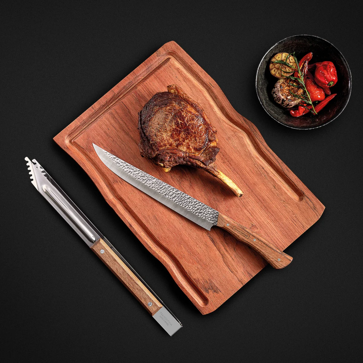 Kit para Churrasco Tramontina com Lâminas em Aço Inox e Cabo em Madeira Natural com Tábua de Madeira 3 Peças