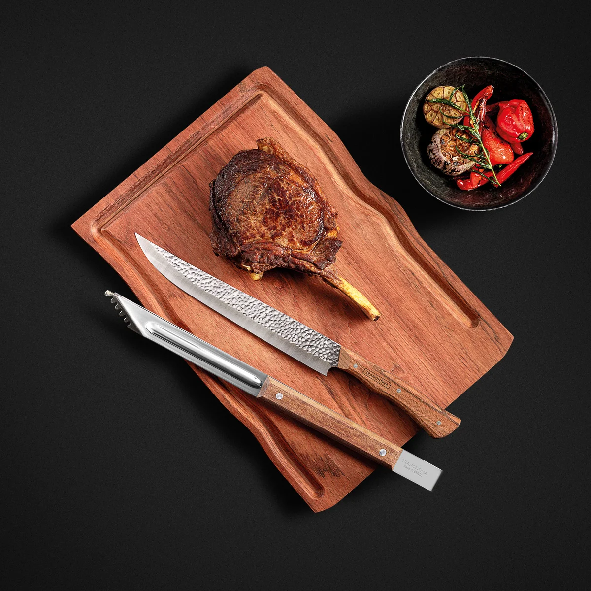 Kit para Churrasco Tramontina com Lâminas em Aço Inox e Cabo em Madeira Natural com Tábua de Madeira 3 Peças