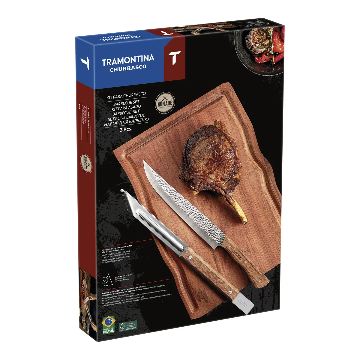 Kit para Churrasco Tramontina com Lâminas em Aço Inox e Cabo em Madeira Natural com Tábua de Madeira 3 Peças