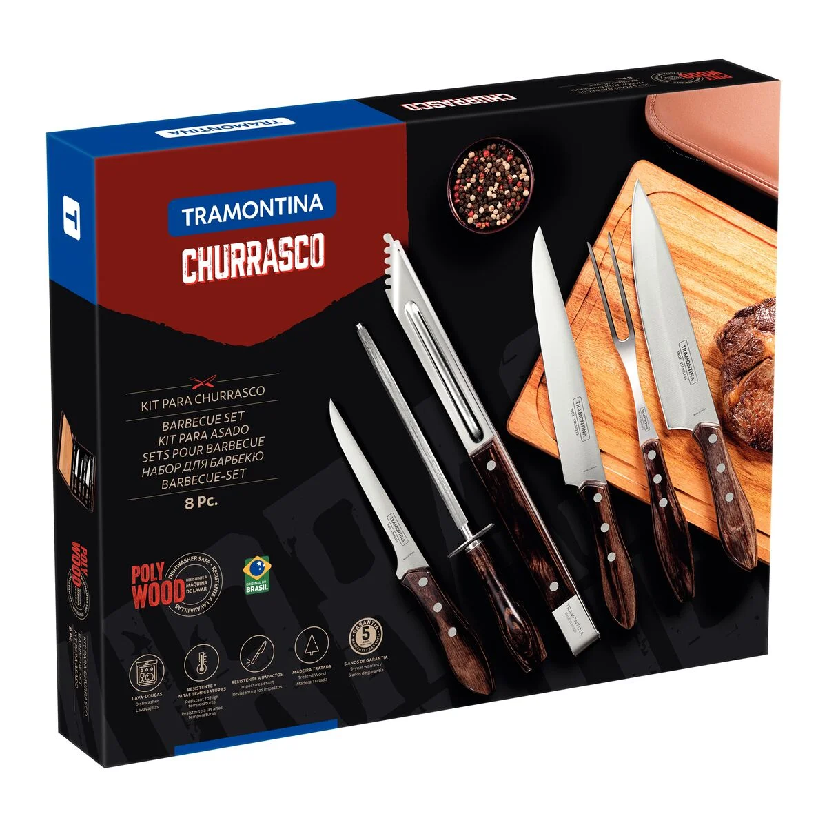 Kit para Churrasco Tramontina com Lâminas em Aço Inox e Cabos de Madeira Polywood Castanho com Tábua e Estojo 8 Peças