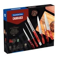 Kit para Churrasco Tramontina com Lâminas em Aço Inox e Cabos de Madeira Polywood Vermelho com Tábua e Estojo 8 Peças
