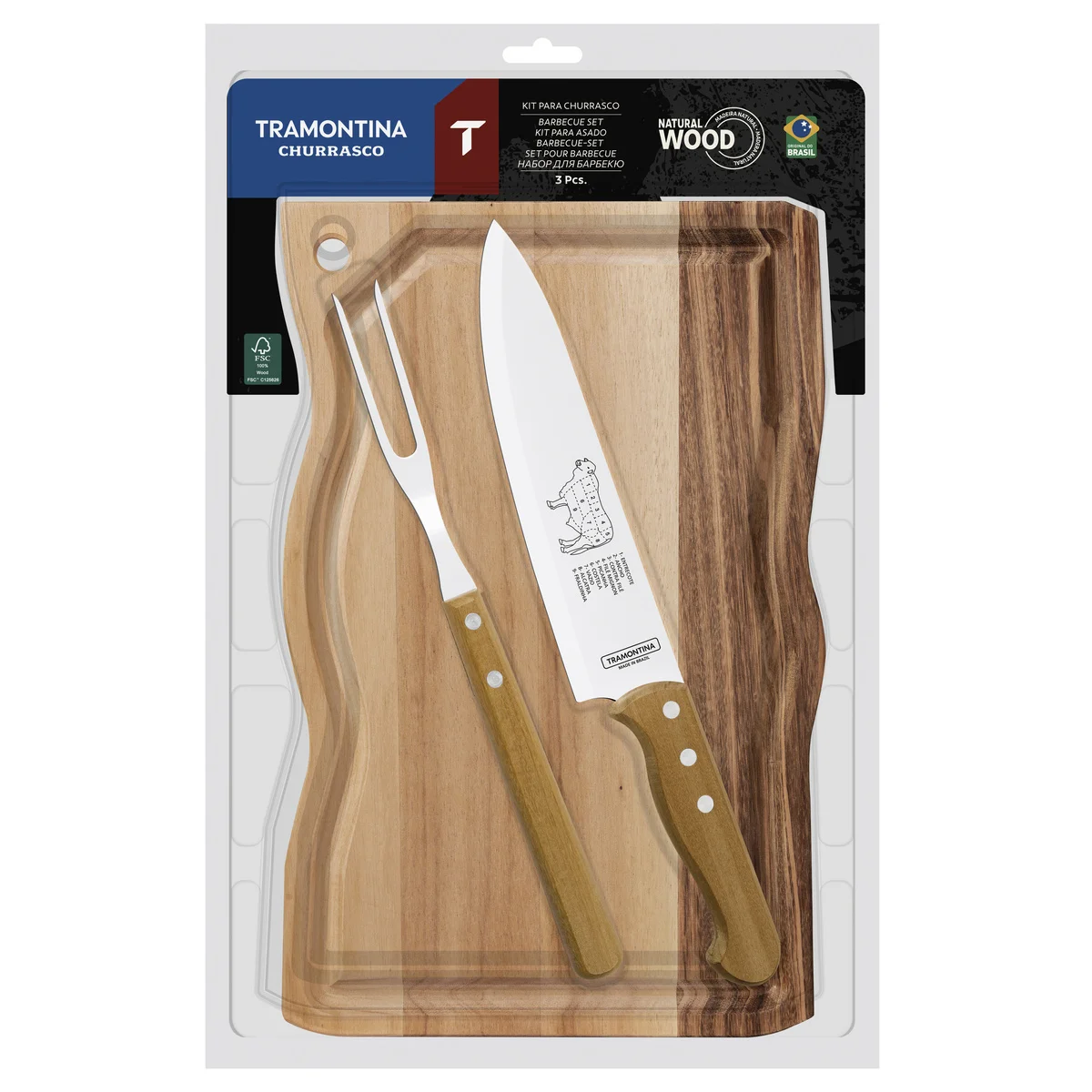 Kit para Churrasco Tramontina com Lâminas em Aço Inox e Cabos em Madeira Natural 3 Peças
