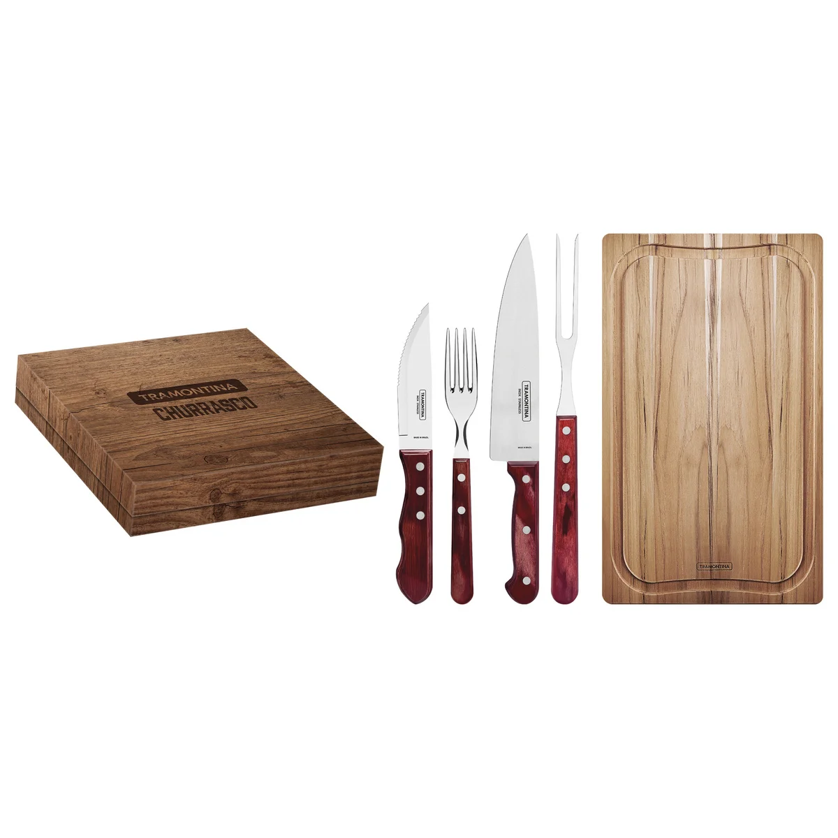 Kit para Churrasco Tramontina com Lâminas em Aço Inox e Cabos em Madeira Polywood Vermelho com Caixa de Papelão 15 Peças