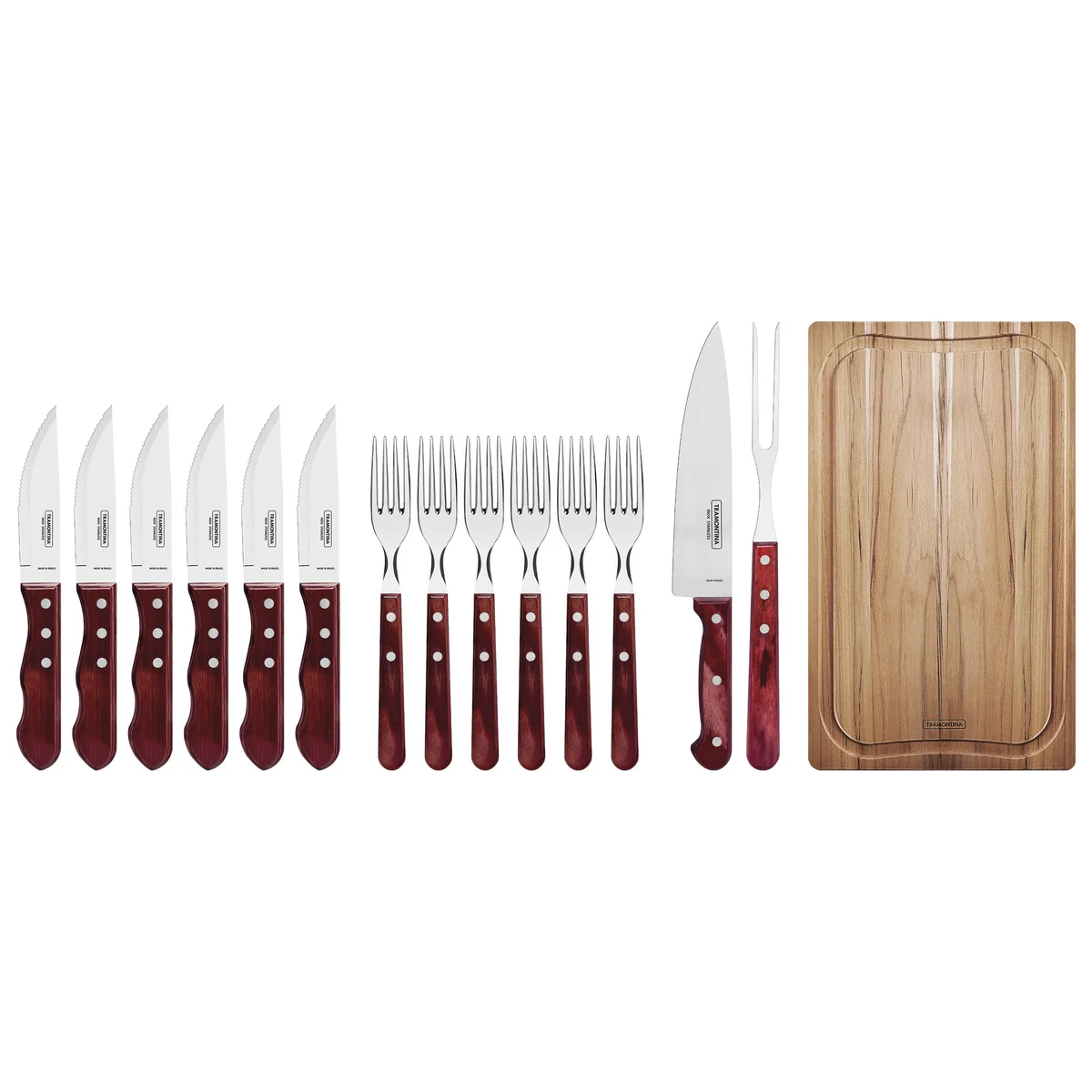 Kit para Churrasco Tramontina com Lâminas em Aço Inox e Cabos em Madeira Polywood Vermelho com Caixa de Papelão 15 Peças