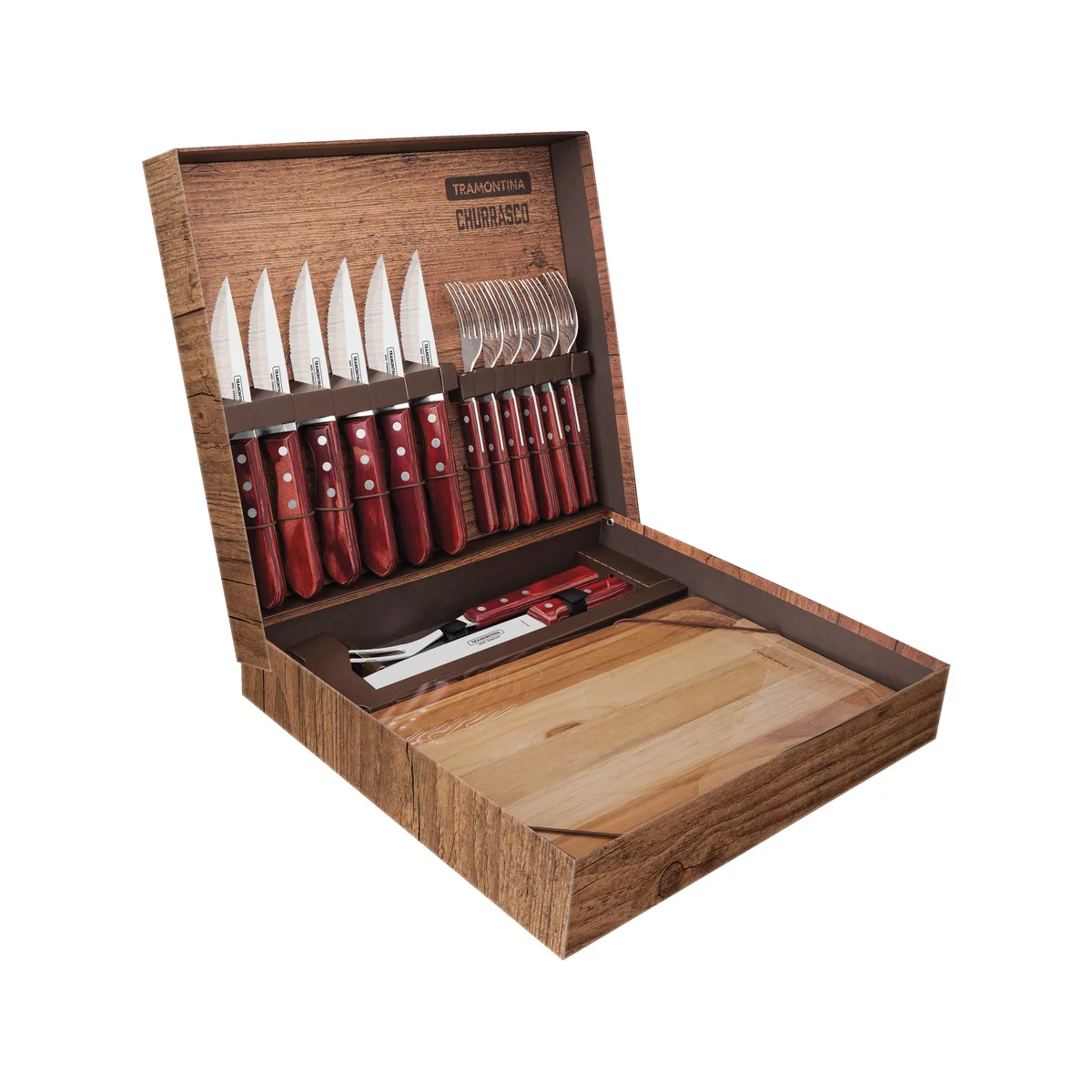 Kit para Churrasco Tramontina com Lâminas em Aço Inox e Cabos em Madeira Polywood Vermelho com Caixa de Papelão 15 Peças